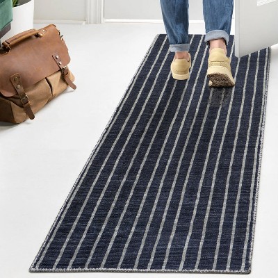 Gray and Navy Striped Machine-Washable Runner Rug