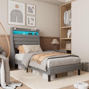 Bed Frame, Modern Upholstered Platforms Bed with Lights and Charging Station, Comfy Queen Bed Frame with Wood Slat Support - 1 of 4