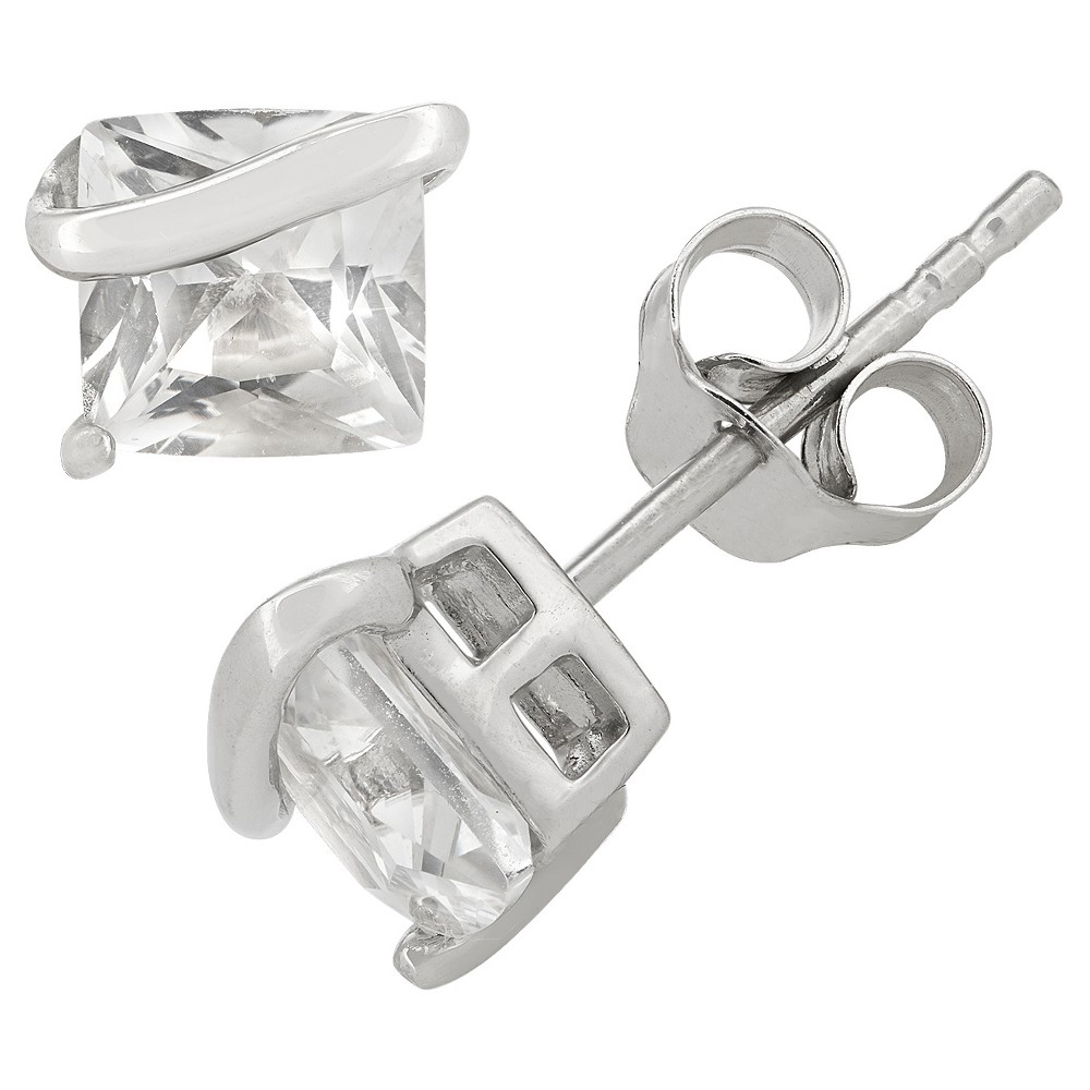 Photos - Earrings Princess-Cut White Sapphire Stud  in Sterling Silver - White