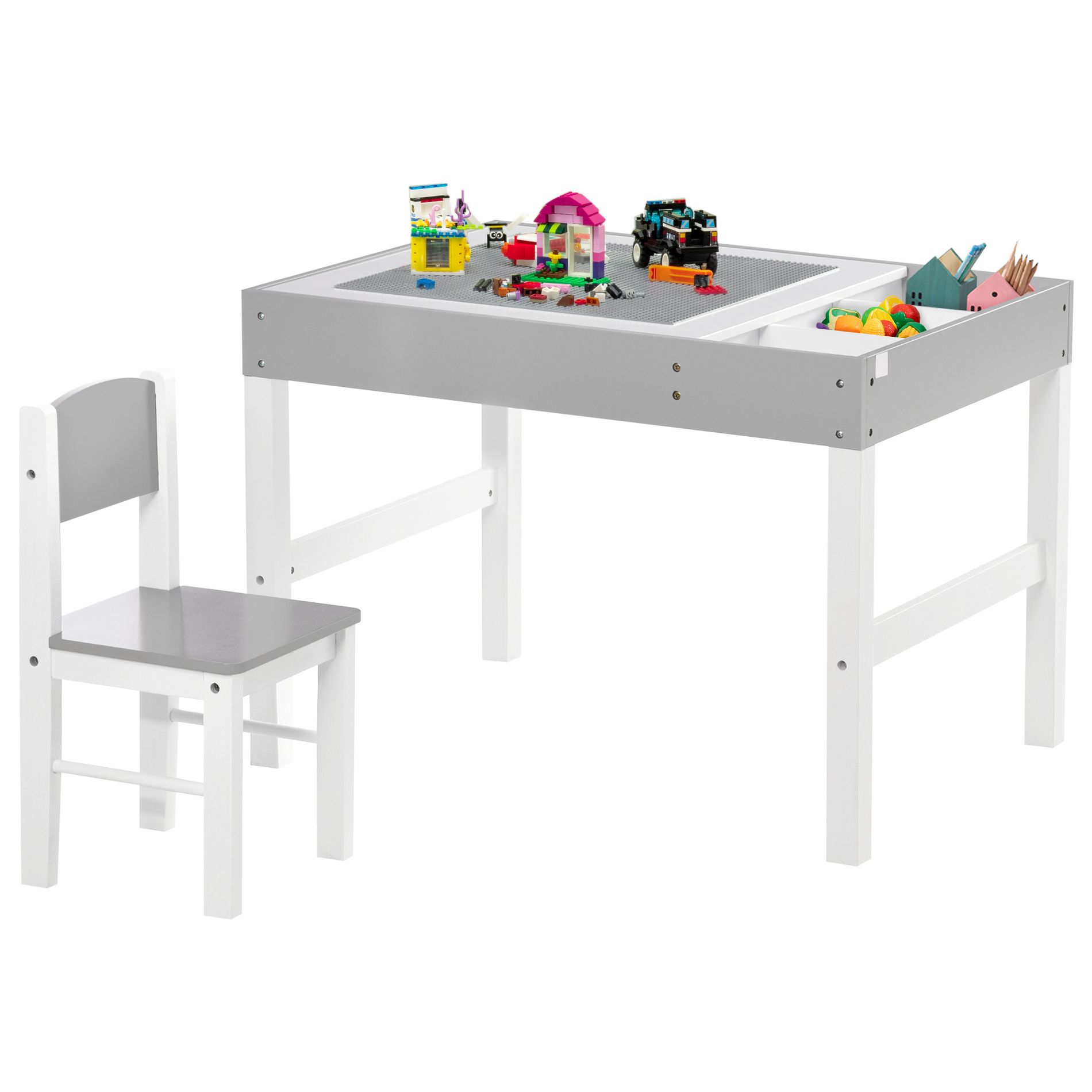 Qaba 2-Sided Kids Building Block Table with Storage, Kids Activity Table for Play, Crafts, Toddler Table Set, Kids Table & Chair Set, Gray