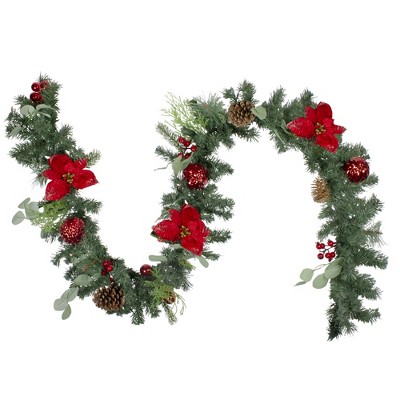 Northlight 6' Red Ornaments and Poinsettias Artificial Christmas Garland- Unlit