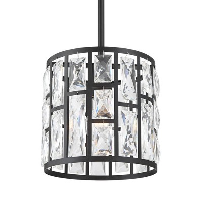 Modern Crystal and Black Metal Mini Drum Pendant Light