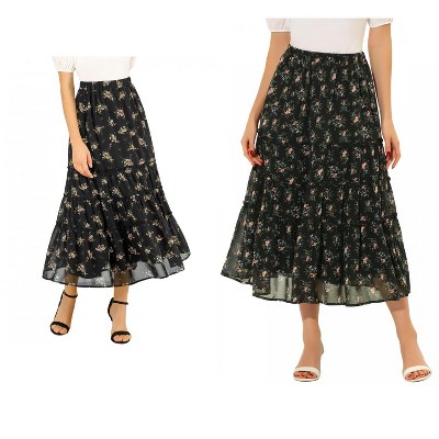 Allegra K Women's Floral Elastic Waist Tiered Ruffle Boho Midi Skirt 2 Packs