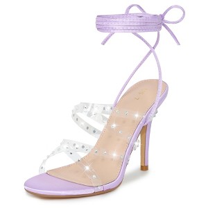Allegra K Women's Satin Rhinestone Clear Strap Strappy Lace Up Stiletto Heel Sandals - 1 of 4