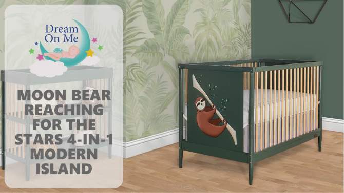 Dream On Me Moon Bear Reaching For The Stars 4 In 1 Modern Island Convertible Crib With Rounded Spindles Mural On One End Panel, White Finish, 2 of 8, play video
