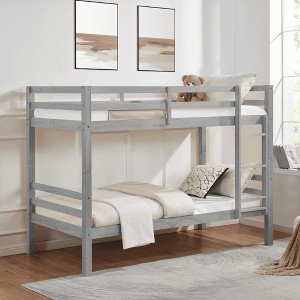 MAYEERTY Twin over Full Bunk Bed with Ladder, Wooden Bed Frame with High Guardrail and Ladder for Kids, No Box Spring Needed, Grey - 1 of 4