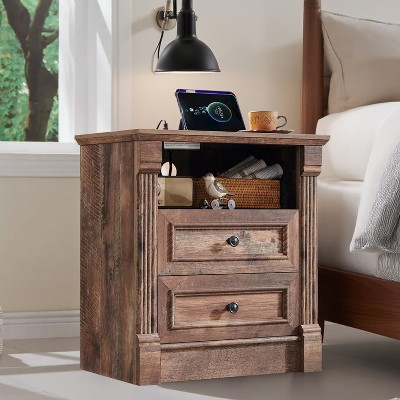 SinCiDo 26" H Farmhouse Nightstand w/ Charging Station 23.6" W Rustic End Table Roman Column,Open Shelf,2 Drawers & Metal Handles