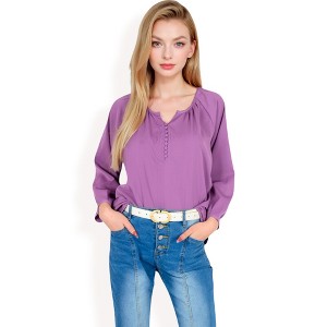 Anna-Kaci Women's 3/4 Sleeve Blouse with Gathered Neckline and Button Details - 1 of 4
