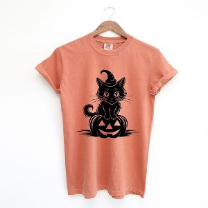 Simply Sage Market Women's Cat Perched On A Pumpkin Short Sleeve Garment Dyed Tee - 1 of 4