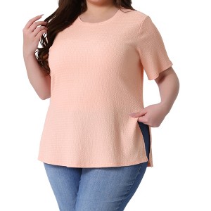 Agnes Orinda Women's Plus Size Textured Crew Neck Side Split Short Sleeve T-Shirts - 1 of 4