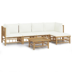 vidaXL Bamboo Patio Lounge Set with Cream White Cushions, 6-Piece Outdoor Furniture with Backrest and Armrest, Sturdy Table, Modular Design - 1 of 4