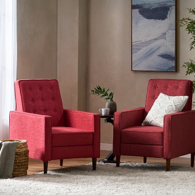 Set of 2 Red Tufted Mid-Century Modern Recliners with Birch Legs