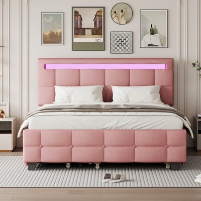 TiramisuBest Queen Upholstered Platform Bed with LED Frame, Twin XL Trundle & 2 Drawers, Pink Linen Fabric, Stylish & Functional