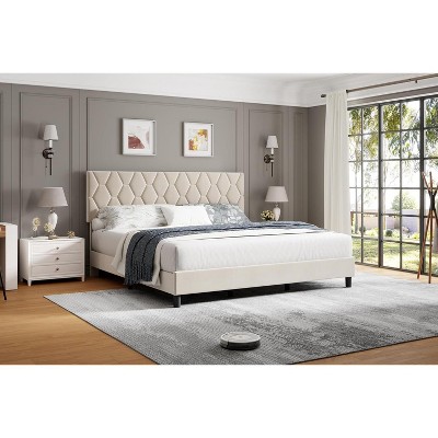 Bed Frame with Upholstered Headboard, Heavy-Duty Platform Bed Frame with Strong Wood Slats