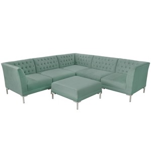 6pc Audrey Diamond Tufted Sectional Teal Velvet and Silver Metal Y Legs - Cloth & Co., Blue Velvet