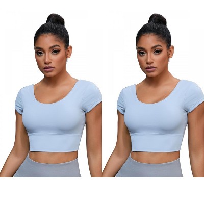 INSPIRE CHIC 2 Pcs Women's U Neck Short Sleeve Deep V Back Workout Tank Tops with Built-in Bras
