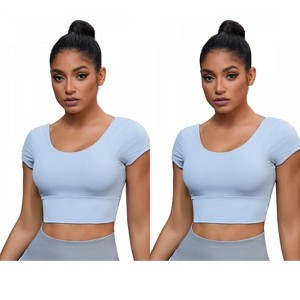 INSPIRE CHIC 2 Pcs Women's U Neck Short Sleeve Deep V Back Workout Tank Tops with Built-in Bras - 1 of 4