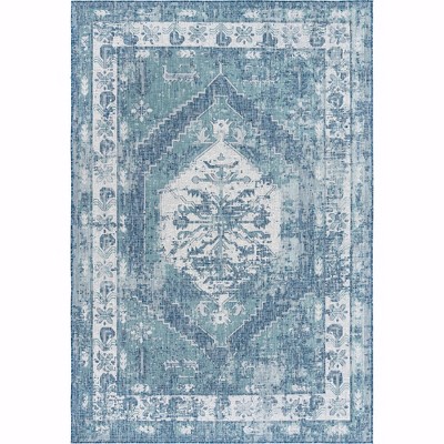 Blue Rectangular Stain-Resistant Synthetic Outdoor Rug