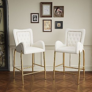 Kumasinova Velvet Tufted Counter Height Bar Stools Set of 2, Golden Metal Frame Counter Stools with Footrests, 28.75" Bar Height Arm Chairs - 1 of 4