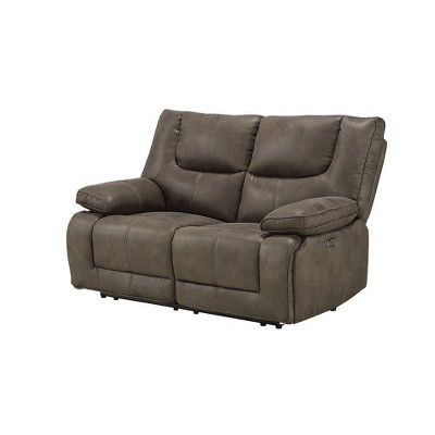 Gray Leather Tufted Power Motion Loveseat with Pillow-Top Arms