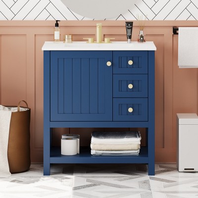 Whisen 30 in. Bathroom Storage Cabinet Bathroom Vanity with Ceramic Sink and 3 Drawers