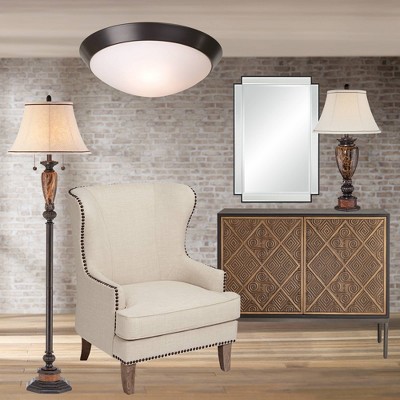 Bronze Traditional Floor Lamp with Faux Marble and Linen Shade