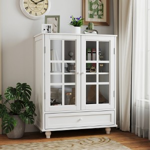 ModernLuxe Minimalist Display Cabinet with Double Glass Doors, Drawer & Adjustable Shelves, Modern Buffet Storage Sideboard - 1 of 4