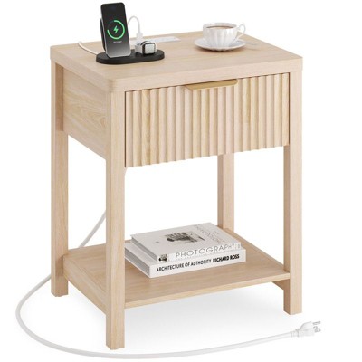 Gikpal Fluted Nightstand, Bedside Tables with Charging Station, Boho Side Tables with Drawer & Open Compartment for Bedroom