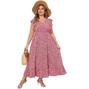 Womens Plus Size Casual Sleeveless Maxi Dress Ruffle Sleeve A Line Swing Summer Maxi Dress with Pockets Red Small Flowers 4XL - 1 of 1