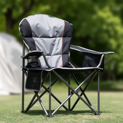 FURNIinspire Outdoor Portable Chairs Oversized Camping Folding Chair, Padded Chair With Cup Holder Storage, Cooler Bag, Black , 25.19"*25.19"*42.12"