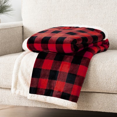 Queen Red and Black Buffalo Plaid Sherpa Fleece Blanket