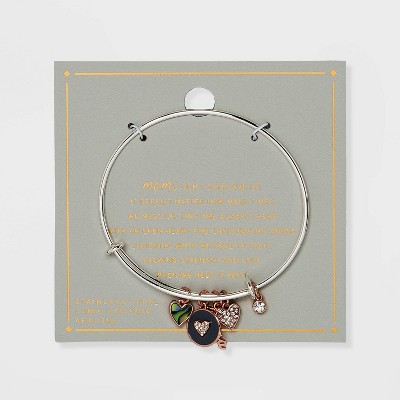 Stainless Steel "Mom" Bangle with Abalone and Cubic Zirconia Charms - Rose Gold