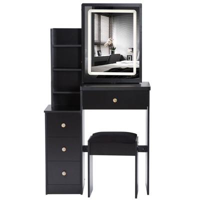 NicBex Space-Saving Vanity Set, Sliding Mirror Desk with Modular Shelves, 2-Drawer Makeup Table & Waterproof Stool for Studio/Apartment