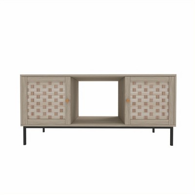 Lirago Brown Elegant Veener Weaving Coffee Table with 4 Sliding Doors-Symmetrical Wooden Storage Cabinet for Living Space 41.73"W * 19.7"L  * 18.7"H
