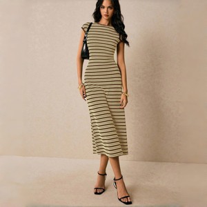 Women's Sleeveless Turtleneck Dress, Striped Bodycon Midi, Ribbed Knit Pencil Dress Brown,S