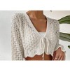Coolmee Women Tie Front Cropped Cardigan Crochet Shrug Sweater Hollow Out Bell Long Sleeve Knit Crop Top - 2 of 4