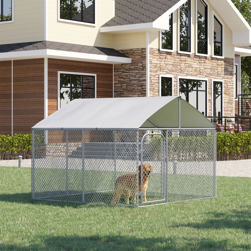 PawHut Outdoor Metal Dog Kennel, Pet Playpen with Steel Lock, Mesh Sidewalls and Cover for Backyard & Patio, 4 of 9