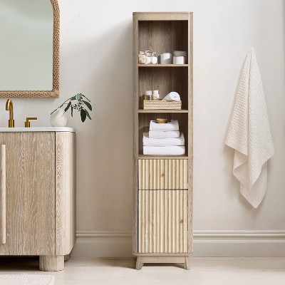 Tall Brown Wave-Patterned Wood Bathroom Storage Cabinet