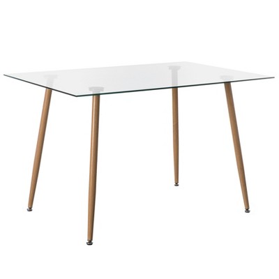 Mid-Century Modern Rectangular Glass Top Dining Table with Wood Legs