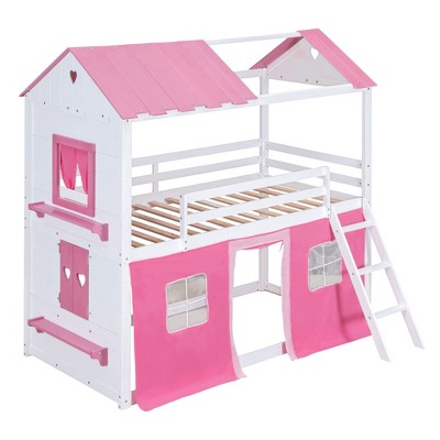 Vynxaria Twin Size Bunk Wood House Bed with Elegant Windows, Sills and Tent, Pink+White