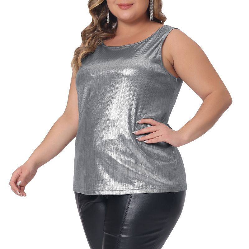 Agnes Orinda Women's Plus Size Shiny Metallic Round Neck Sleeveless Party Tank Top, 2 of 5
