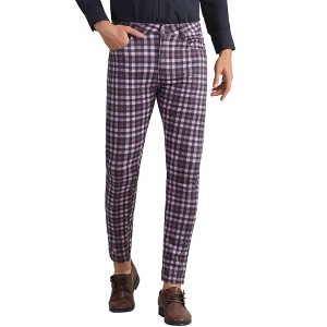 Lars Amadeus Men's Flat Front Stretch Slim Fit Color Block Gingham Plaid Checked Trousers Dress Pants - 1 of 4