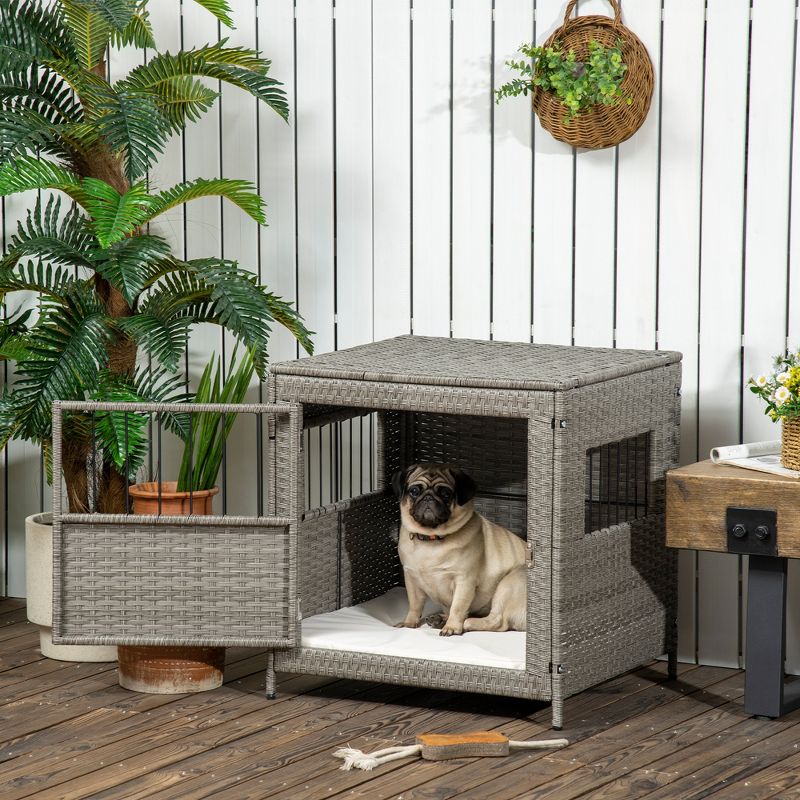 PawHut Rattan Dog Crate Dog Kennel Furniture with Lockable Door and Soft Washable Cushion for Small Sized Dogs, Gray, 3 of 7