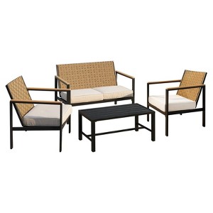Bestier 4 Pieces Metal Patio Furniture Set, Outdoor Rattan Patio Conversation Sets with Soft Cushion for Garden, Backyard, Porch, Poolside - 1 of 4