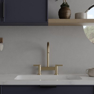 Brushed Gold Double Handle Bridge Kitchen Faucet