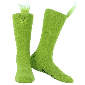 Dr. Seuss Women's The Grinch Always Naughty Cozy Fuzzy Anti-Slip Grip Knee-High Slipper Socks 1 Pair (OSFM) Green - 1 of 4