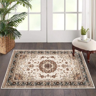 Whizmax Floral Print Beige Area Rugs --Washable Boho Rug, Non Slip Carpet,Soft Low-Pile Rug