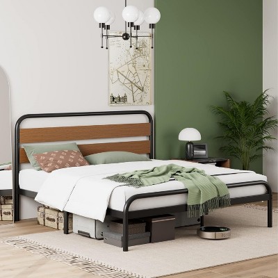 King Size Platform Bed Frame with Wood Headboard, Heavy Duty Metal Slat Support, Noise Free Design Mattress Foundation, Easy Installation, Brown