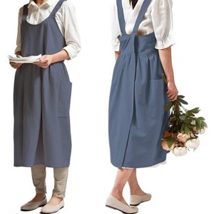 Women's Cotton Linen Cross Back Apron with Pockets - Turquoise with Waist Ties, for Gardening, Cleaning, and Cooking - 1 of 4