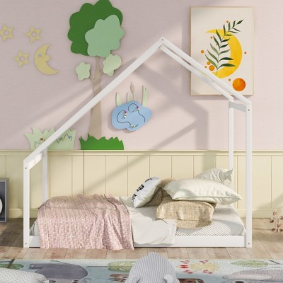 Full Size Wooden House Bed with Roof and Sturdy Pine Frame